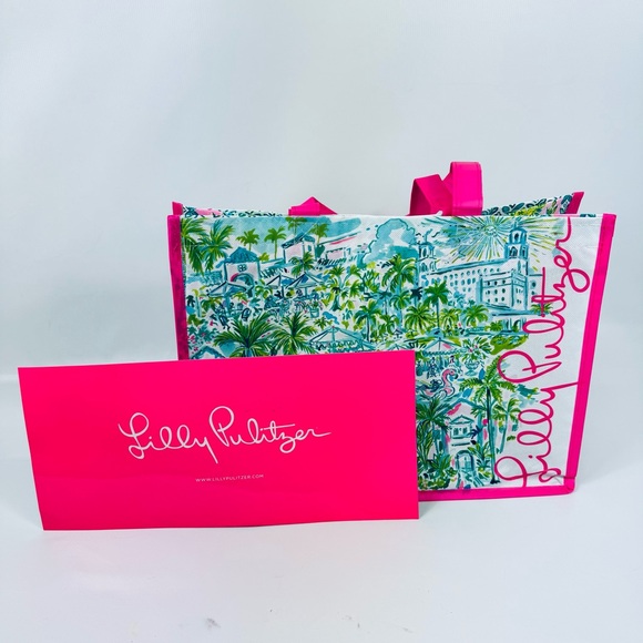 Lilly Pulitzer Palm Beach Breakers Reusable Tote Bag w insert pink, green - Picture 2 of 13